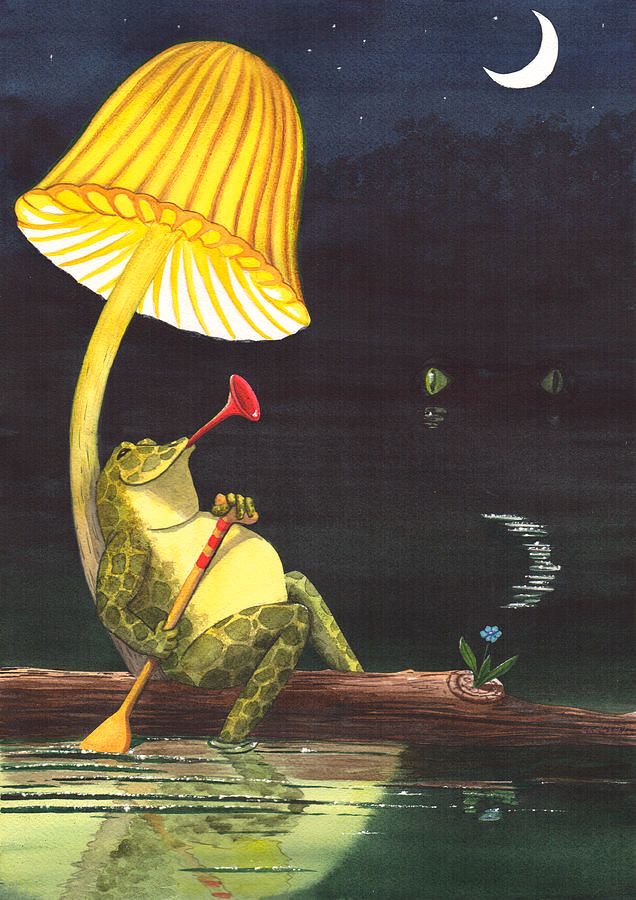 Crescent moon and night sky, a frog under a large lit mushroom, playing a horn while sitting on a log in the water. There’s a little blue flower growing from one end of the log, mop and frog scene reflected in the water. Painting.