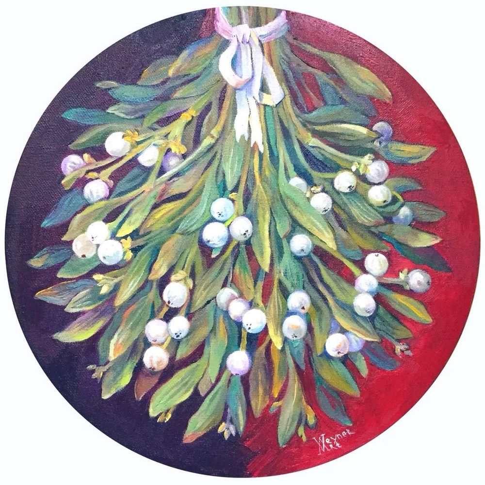 Painting of bunch of mistletoe tied with a white ribbon, red background, circular image.