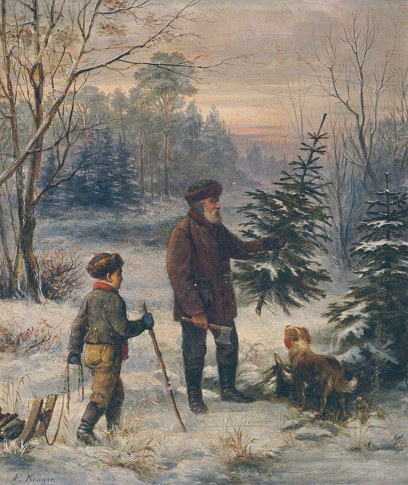 Man, son with sleigh and walking stick, their dog in snowy landscape, they are selecting a Christmas tree, painting. 