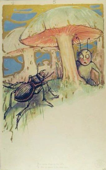 Beetle approaching alarmed fairy under mushroom. Illustration.