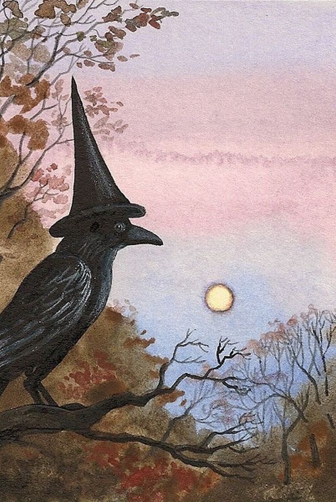 Painting of crow in witch’s hat perched on a tree branch, wintered trees and autumn foliage in background and twilight sky with full moon. 