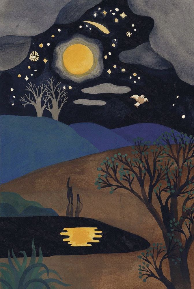 Night sky, stars, full moon, clouds over landscape of hills, little cat and mouse walking along by pool of water, reflection of moon on water, trees, owl in flight, illustration.