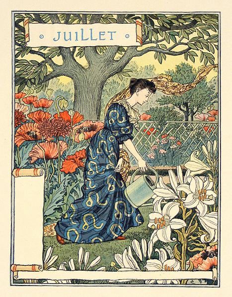 Juillet, calendar page featuring woman in blue and white dress watering a garden in full bloom of white and red flowers, tree in background 