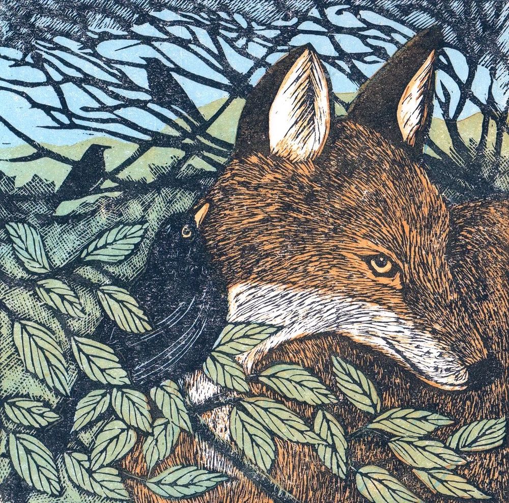 Fox and blackbirds in hedgerow, blue sky and rolling hills in background, painting.