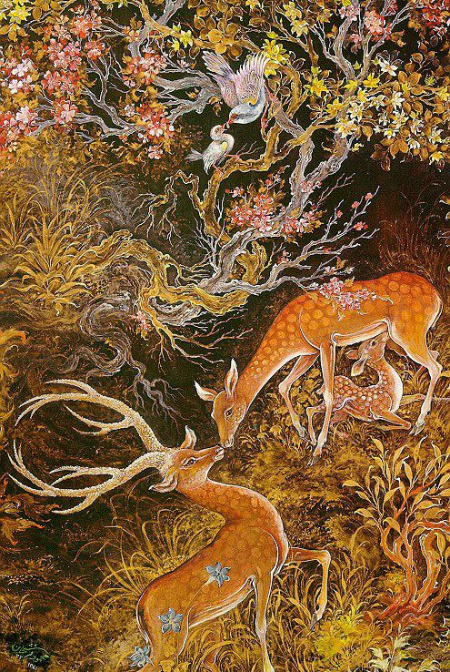 Male and female deer amongst foliage with baby deer feeding, above the in blossom filled branches, a mother bird feeds her chick’ miniature painting.