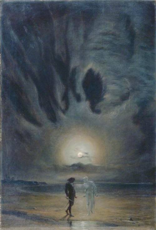 As described, beneath night sky, cloud, haloed moon, painting.
