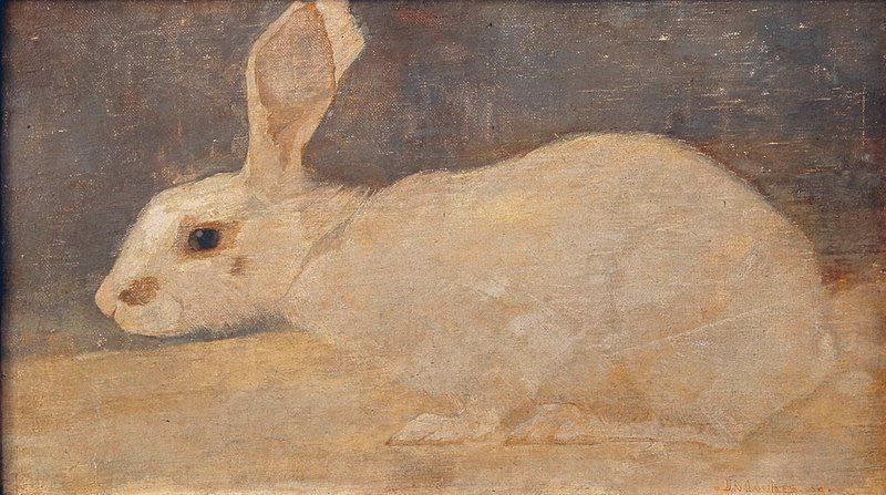 Painting of white rabbit on grey and white background 