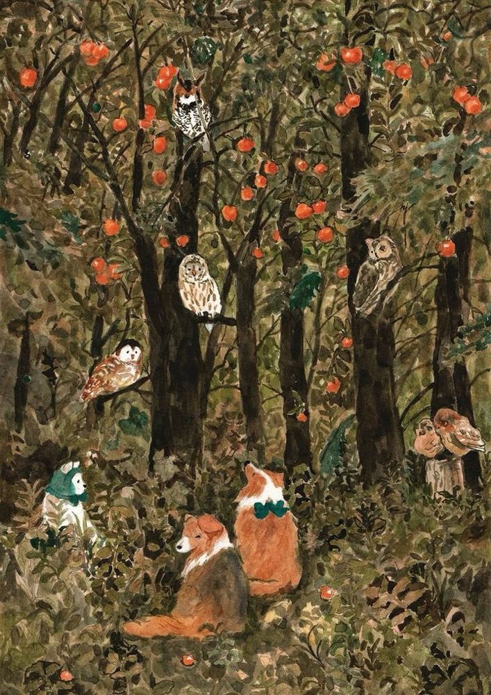 Forest of Owls by Selynn Lee, painting. The artwork depicts a dense, lush forest scene with dark tree trunks and abundant green and brown foliage. The trees are laden with bright orange-red fruit, possibly apples. Numerous owls are perched among the branches. In the foreground, two dogs are seated. One dog wears a blue bow tie. A smaller person? wearing a green hood or outfit is visible on the left side of the foreground.