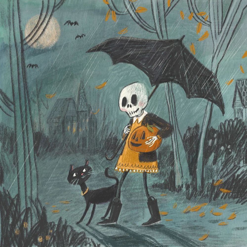 An illustration of a skeleton, carrying a jack-o'-lantern candy bucket and a black umbrella, walking down a path with a black cat. The scene is set on a rainy, autumn night with a full moon and bats flying in the sky. The background features bare trees, falling leaves, and two spooky-looking houses.