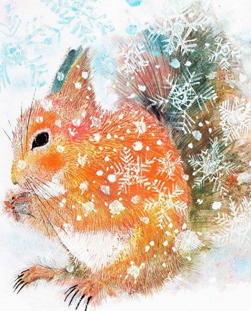 Red squirrel nibbling in snow scene, painting/