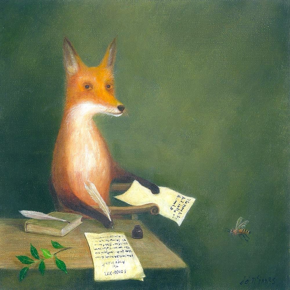 Fox sat at table beside book with quill, holding letter, letters on table, leafy branch on table, ink pot, bee flying past. Green background. Painting.