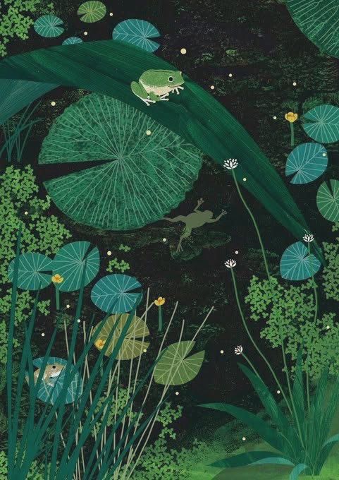 Frog on leaf over water, frog on lily pad, a frog swimming, painting.