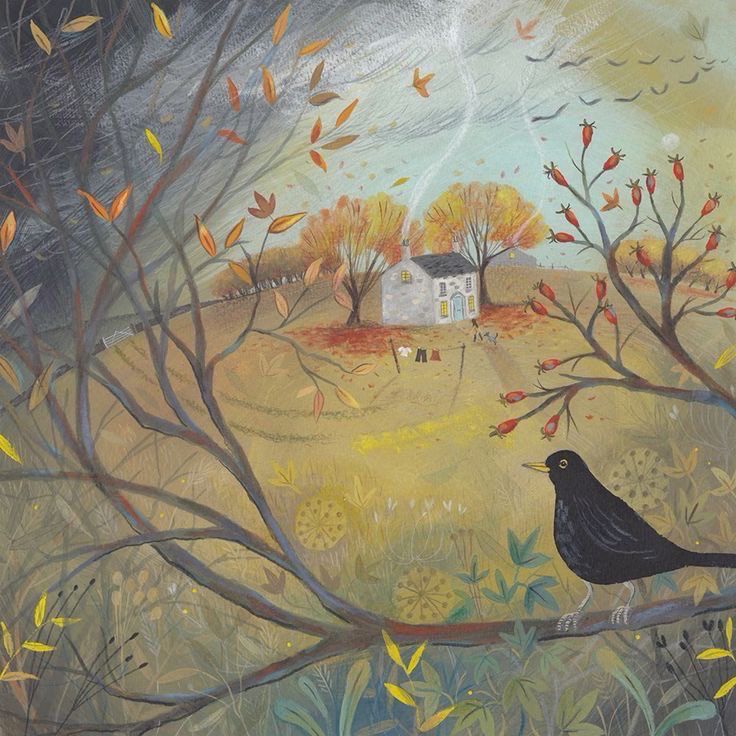Autumn landscape, blackbird perched on branch in foreground, White House with smoking chimney, trees either side, washing line in front: all in background, painting.