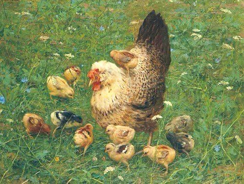 Chicken and her chicks in a field, painting.