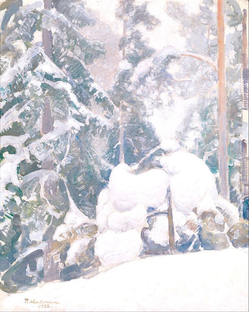 Winter Landscape of snow and trees, painting.
