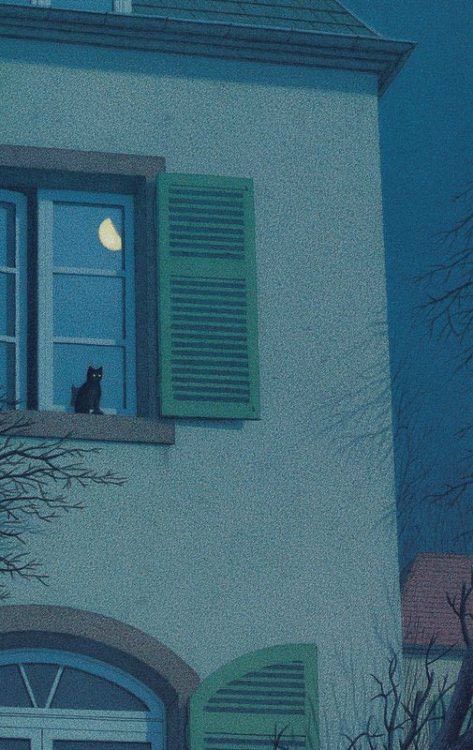Painting of house at night with pale green shutters, cat sat on windowsill and the moon is reflected in the window
