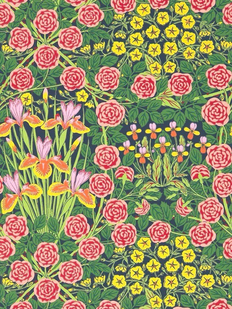 Red roses, pink and orange irises? Yellow flowers. Wallpaper design.