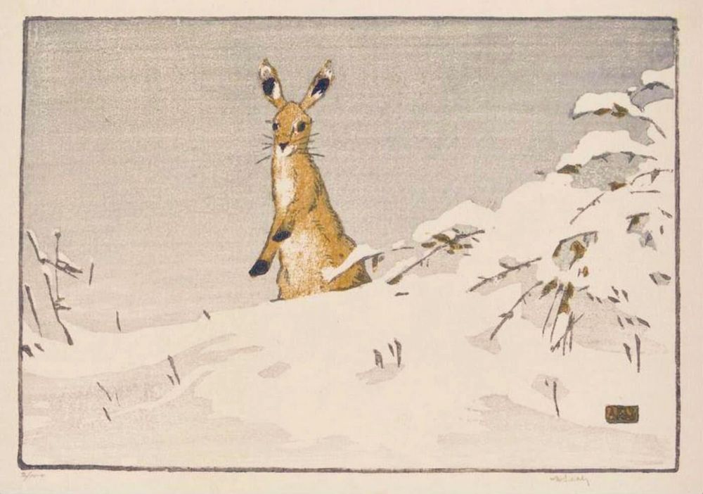As des, hare in snowy landscape, painting. 