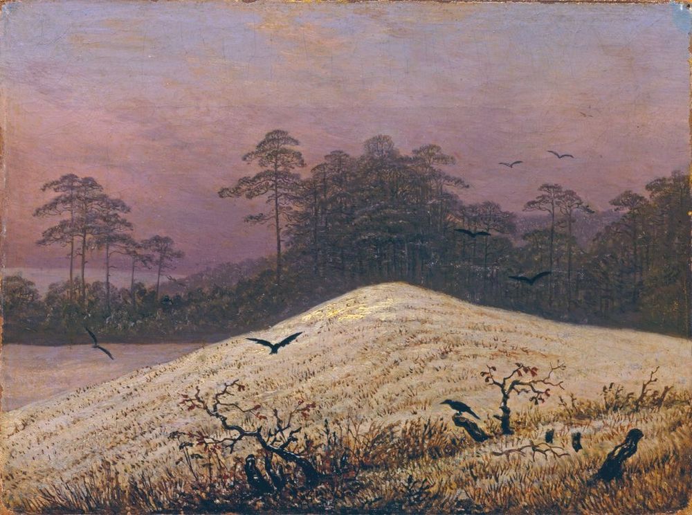 Dawn or dusk sky with ravens on snowy hill, some in flight, some perched on branch or ground, trees in distance, painting.
