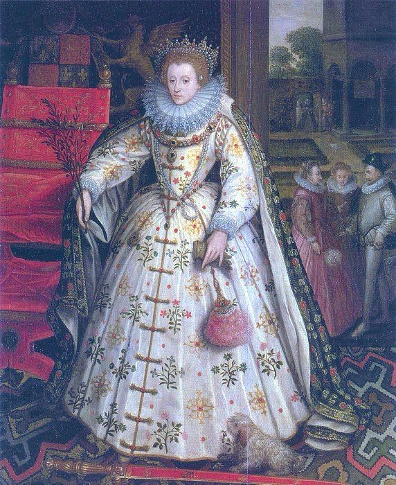 The Wanstead or Welbeck Portrait of Elizabeth I of England as Pax holding an olive branch and standing on the sword of Justice. It is said by Daniel Lysons (The Environs of London, 1796, vol 4, pp.231-244) to depict Old Wanstead House in the background. The picture was gifted to the Harley Foundation Charitable Trust by the late Lady Anne Bentinck. It is on permanent display at the Portland Collection, The Harley Gallery, Welbeck, Nottinghamshire, UK.
She wears white and gold and green, ruff, has a pink feather fan and a little dog.