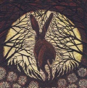 Hare running away towards moon bright through silhouettes of branches of trees, painting.