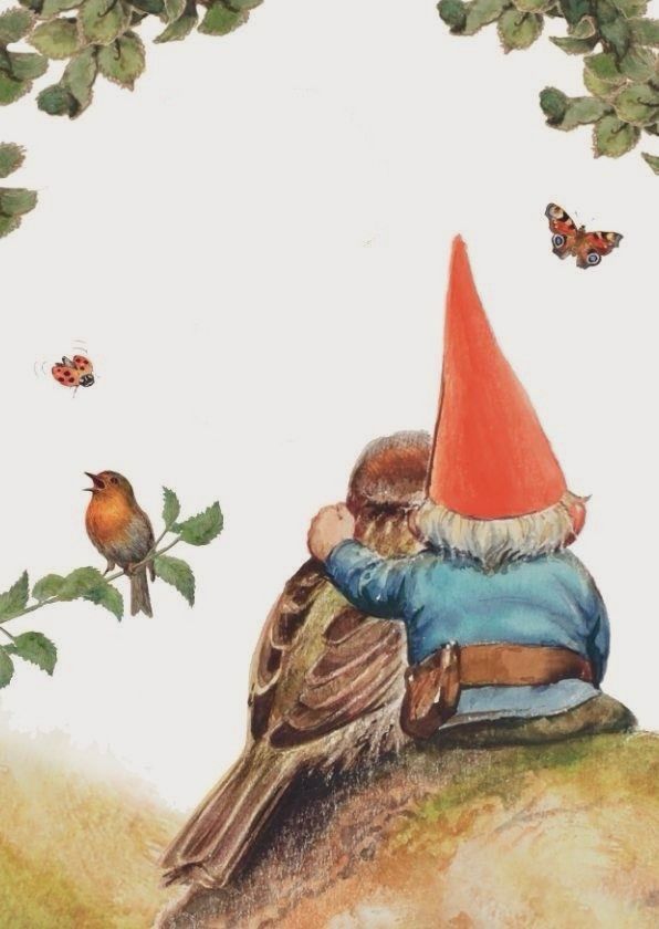 Gnomes with his arm around a bird sitting on a knoll, robin sings from a branch, a butter and a ladybird in flight, illustration.