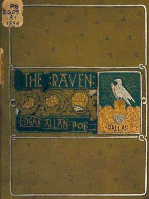 The Raven, Edgar Allan Poe, olive brown cover, title in gold lettering and repetition of ‘Nevermore’. And a separate square panel with a white raven perched atop a gold and grey bust labeled PALLAS.