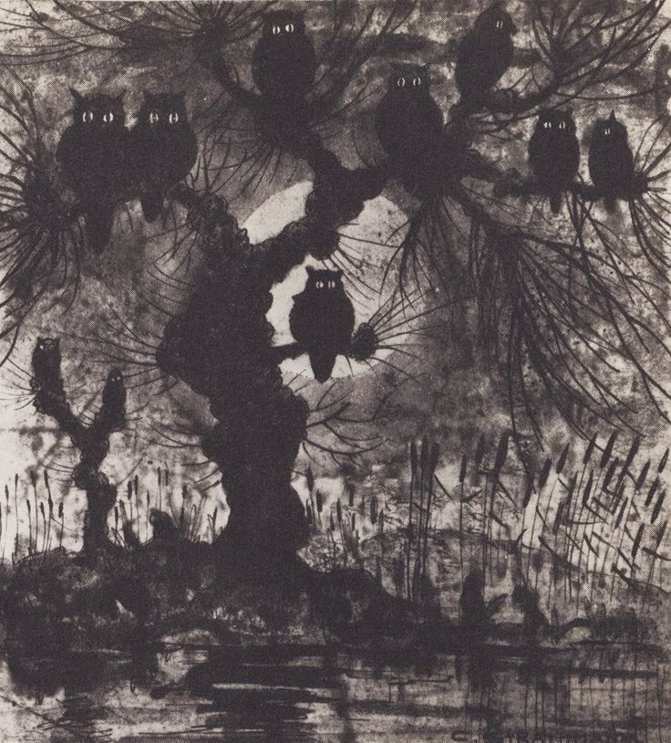 Moon over landscape with nine owls in a willow tree. 