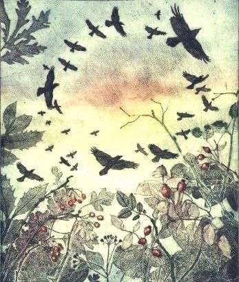 Rooks in flight above berries and plants, dawn sky.