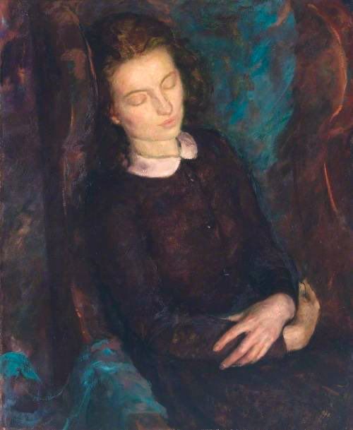 Painting of a young woman with her eyes closed, appearing to be asleep. She is wearing a dark, buttoned dress with a white collar. Her arms are gently clasped across her lap. Background of browns and greens.