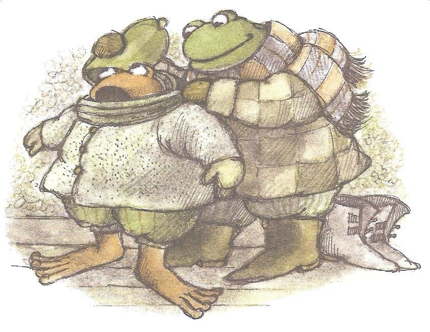 Frog and Toad, dressed in warm winter clothing. Frog is dressing Toad. Toad is wearing a white, textured sweater, green knickerbockers, a matching green hat and no boots, showing his webbed feet. Frog is wearing a large, checkered scarf and coat combination, and green boots.