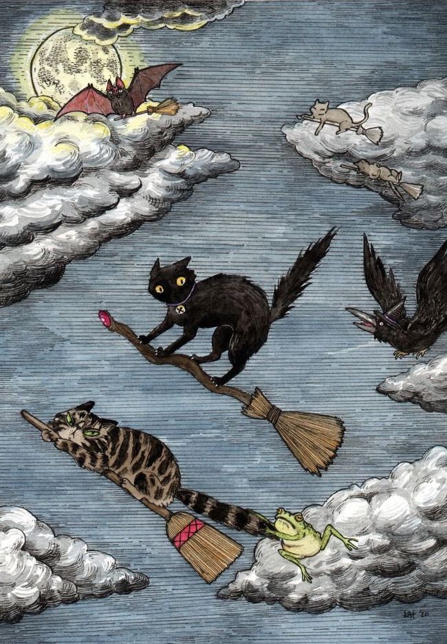The artwork depicts a whimsical Halloween-themed night scene in which several animals are flying through a cloudy sky on brooms. 
A large black cat with a bell is in the center, riding a broom with a red jewel on the front.
Below it, a striped tabby cat is riding another broom, with a green frog clinging to the bristles.
A smaller, light-colored cat is flying on a broom in the upper right.
A bat flies near a full moon in the top left corner, and a crow or raven flies on the right side.