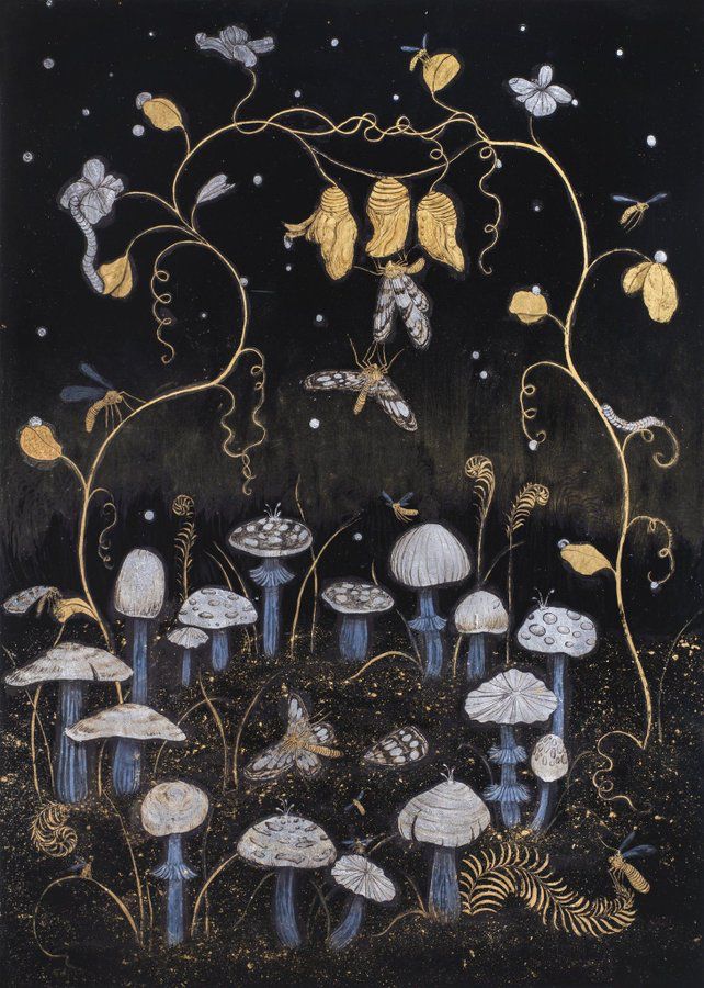 The Fairy Ring by Tuesday Riddell, 2021 using gold & silver leaf, gold powder, lustre powder, and paint on japanned board. 
The piece depicts a nocturnal forest floor scene with a collection of various mushrooms, forming a fairy ring on the forest floor, rendered in shades of silver and blue-grey with detailed caps and stems. Moths, dragonflies, and caterpillars and cocoons hanging from vines. Twisting, golden vines or brambles with leaves and tendrils arch across the upper part of the image, and grasses and foliage emerge from the dark ground.