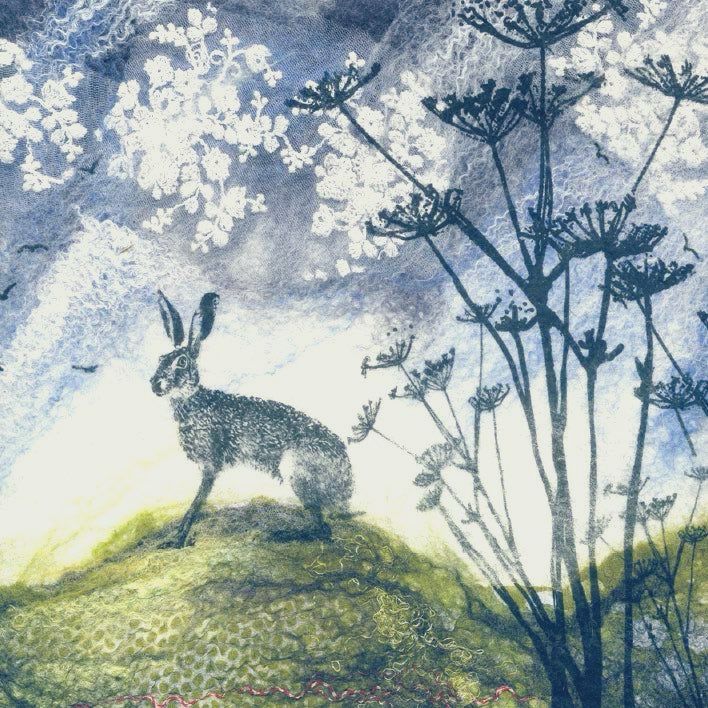 As described, hare perched on hillock, clouds, birds in flight in distance, painting.