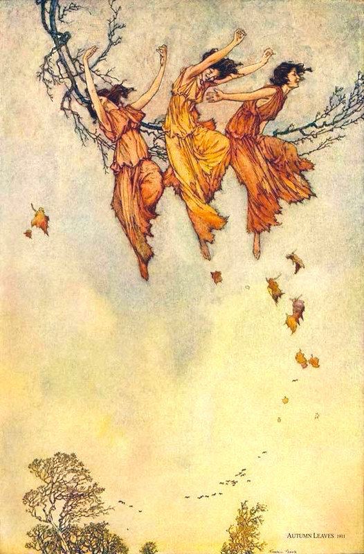 An illustration, Autumn Leaves, by Franklin Booth and published as a cover for Collier's magazine in 1911. There are three female figures caught in an autumnal wind, appearing to be women dancing as swirling leaves, perhaps fairies. They are dressed in flowing, warm-toned dresses of orange-brown. The figures are positioned in the upper portion of the image sitting on / against bare, gnarled tree branches. Below them, several individual leaves are shown falling where small trees and birds are visible against a hazy sky.