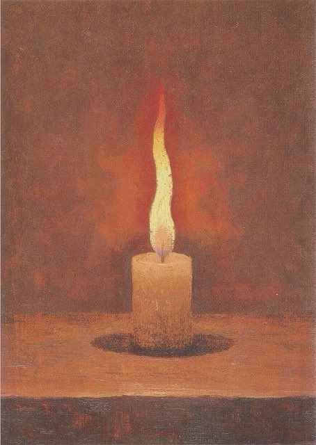 Painting of a lit candle on a shelf with a light brown background.