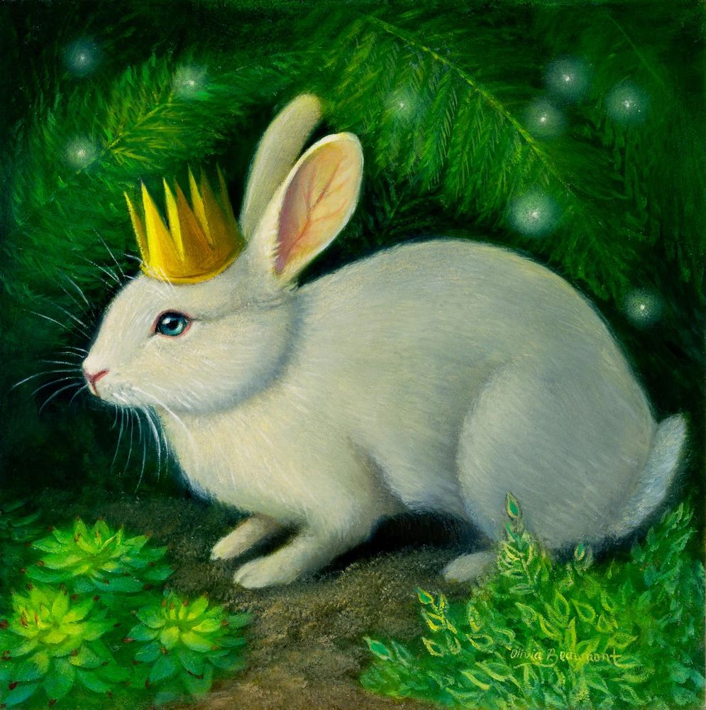 White rabbit with golden crown amongst green foliage and little white lights, painting.