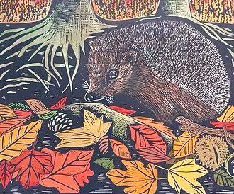 Hedgehog amongst autumn leaves by roots of trees, painting.