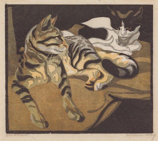 A tabby and black and white cat lying down together on a brown blanket. Painting.