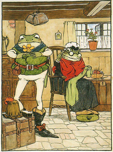 Clothed frogs, one sewing, one holding a flower. Illustration.