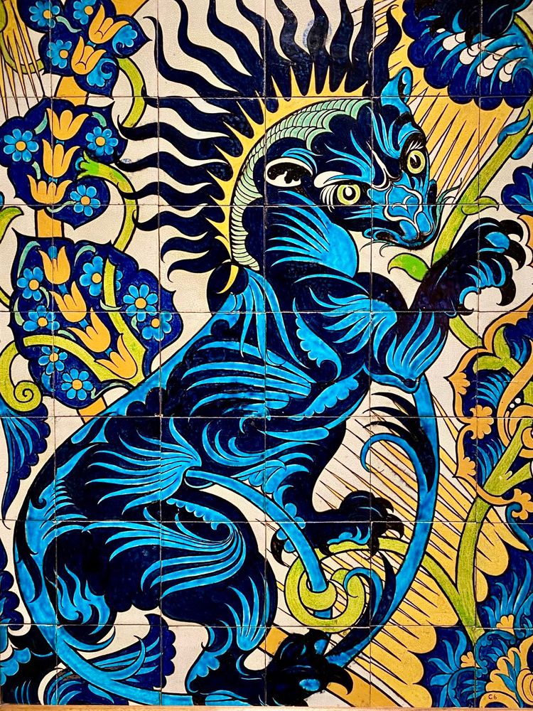 Lion Rampant tile design, yellow, white, turquoise and black 