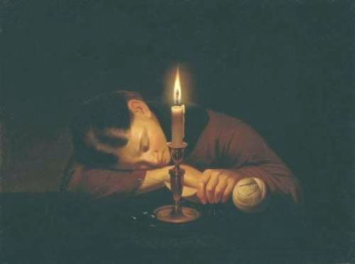 Painting depicts a person sleeping or resting with her head on a table. A single lit candle in a candlestick provides the only source of illumination, casting a warm glow on the scene and creating a strong contrast with the dark background. Next to the sleeping figure's hand, a ball of yarn.