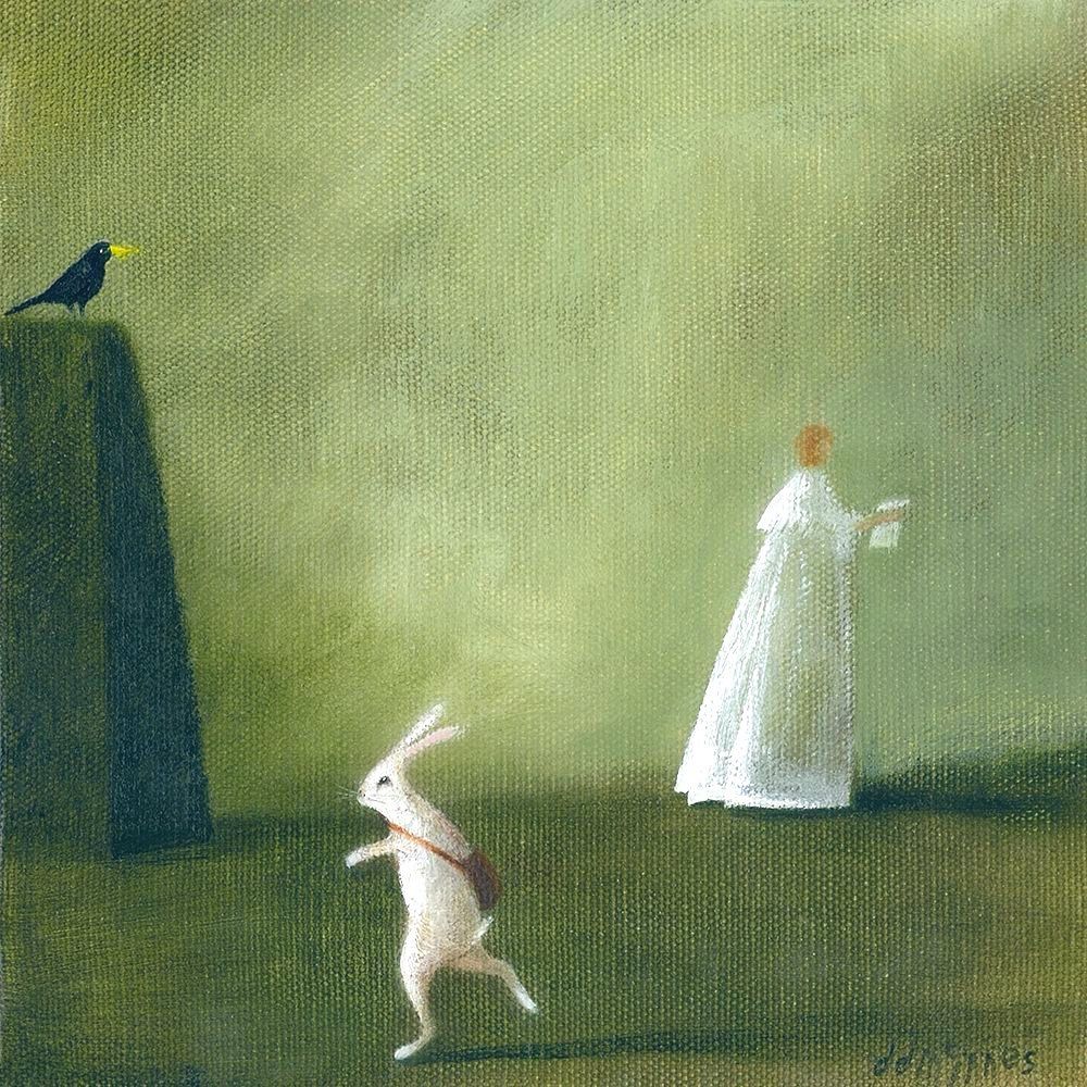 Blackbird on stone post? White rabbit scurrying along with red bac, person in white behind reading a letter, painting.
