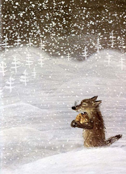 Kind wolf holding rabbit in snow landscape illustration. 