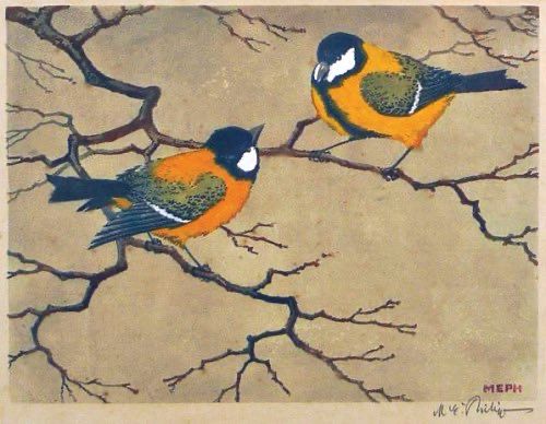 Two great tits facing one another on bare branches. Woodcut.