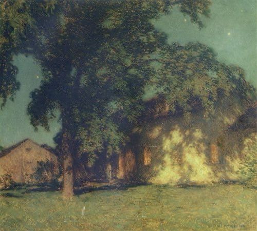 Painting of houses under trees and starry summer night.