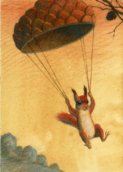 Illustration of a squirrel using a large pine cone as a parachute. The squirrel is holding onto the parachute cords with its paws. The background is a warm, hazy orange and yellow sky with some dark clouds below and a tree branch visible in the top right corner.