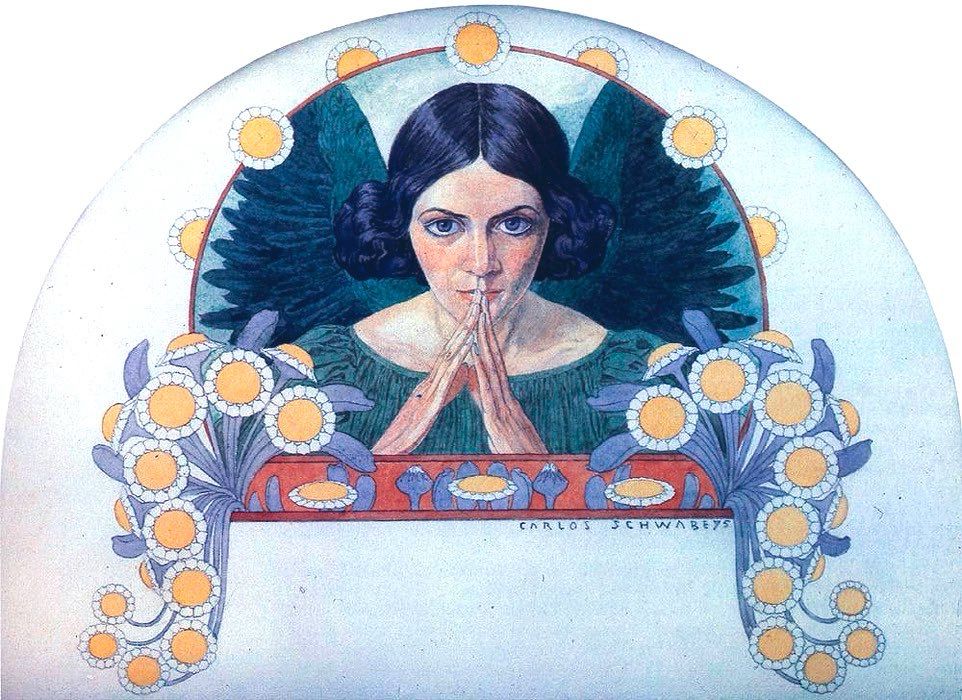 Arched painting with angel in green dress with green wings, hands raised in prayer, earnest, black bobbed hair, framed with stylised daisy-like flowers.