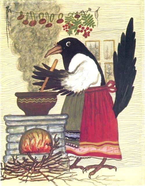 Blackbird cooking over a stove, stirring pot, wears red skirts grey apron, illustration. 