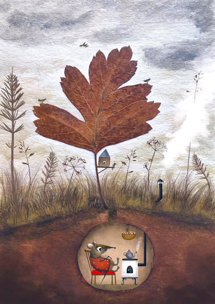 An illustration by Kristina Kemenikova depicting a cosy scene both above and below ground. 
Above ground: A large, brown, dried leaf stands in the center, resembling a tree. A small birdhouse is attached to its stem, and several small birds are perched on the leaf and flying in the grey sky. Tall, dry grasses and other plants surround the central leaf. A small black stovepipe with smoke coming out of it extends from the ground.
Below ground: A cross-section reveals a small, circular burrow. Inside, a mouse in a red sweater is sitting in a red chair, holding a cup. A small white stove with a teapot on top is to its right. A basket of food is hanging from the ceiling, and a lamp provides light. The mouse appears to be relaxing in a warm, comfortable home.